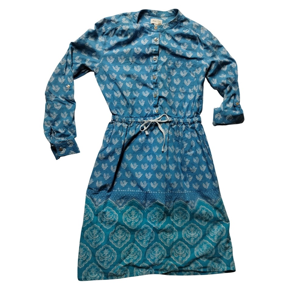 Meadow Rue‎ Anthropologie Blue Floral Print Roll Tab Sleeve Shirt Dress Size 4